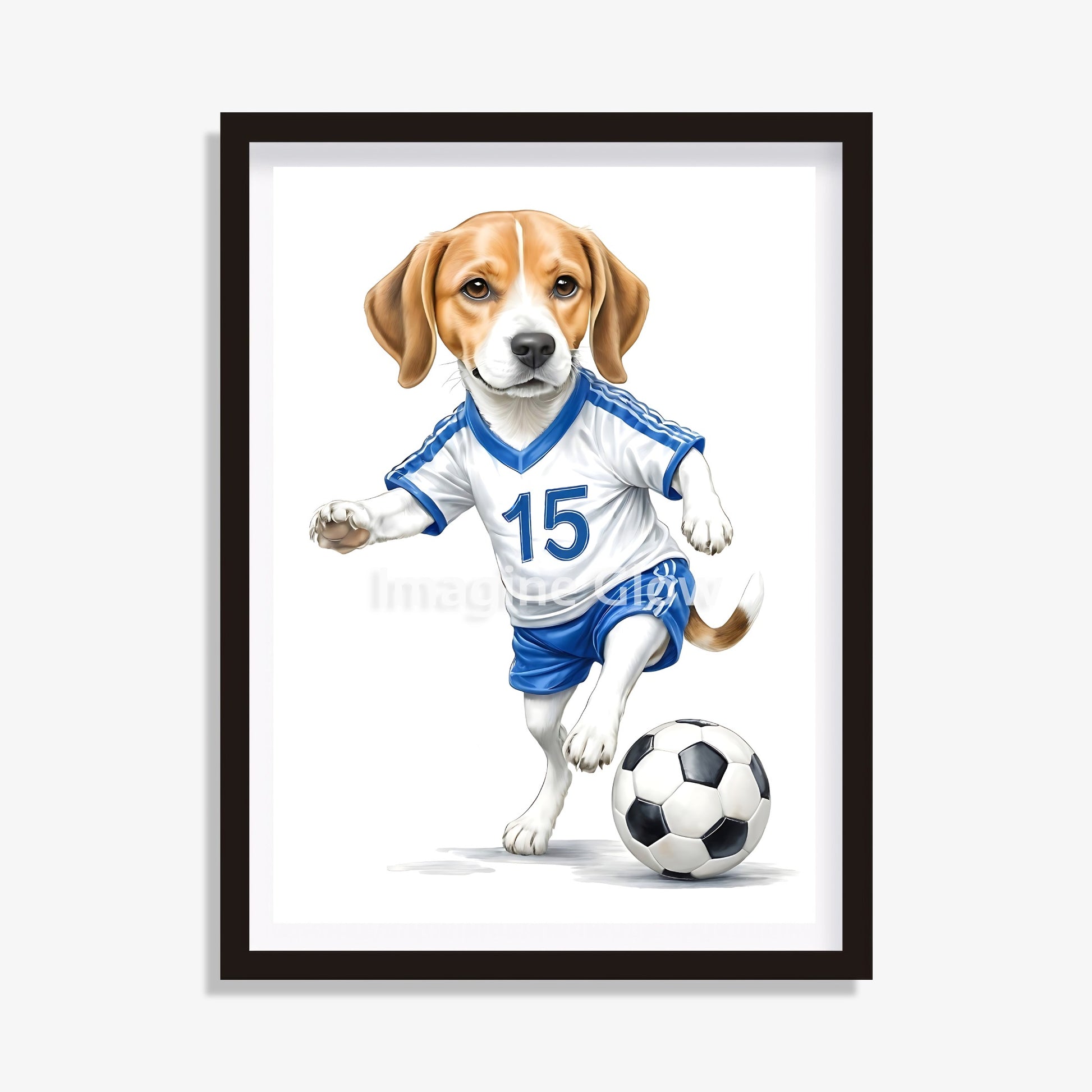 Beagle dog playing soccer in funny digital art.
Printable wall art of Beagle dog in soccer theme.