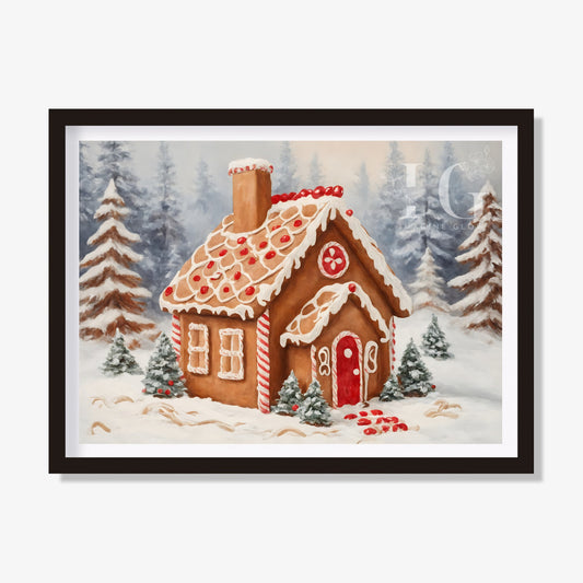 Charming gingerbread house art with festive decorations, perfect for Christmas wall decor.