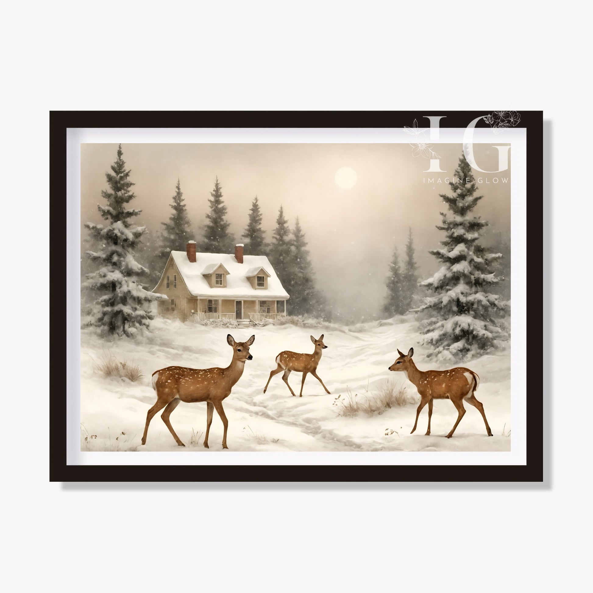 Deer playing in snow art printable featuring joyful deer in winter scenery