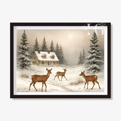 Deer playing in snow art printable featuring joyful deer in winter scenery