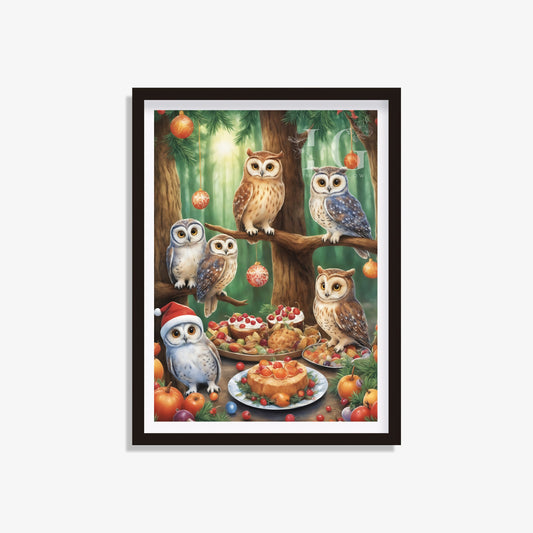 Whimsical owl illustration dressed in holiday attire