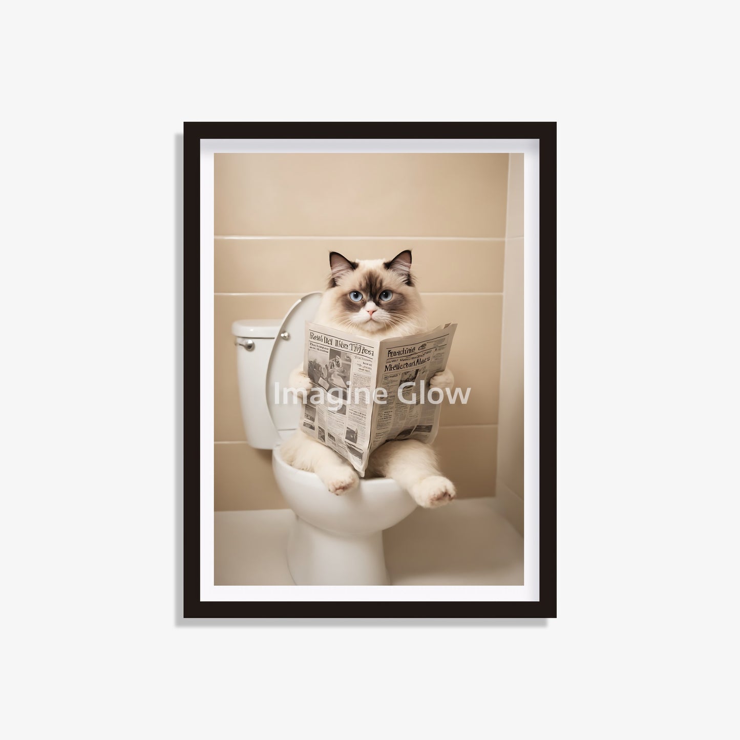 Ragdoll cat reading a newspaper on the toilet, funny bathroom wall art