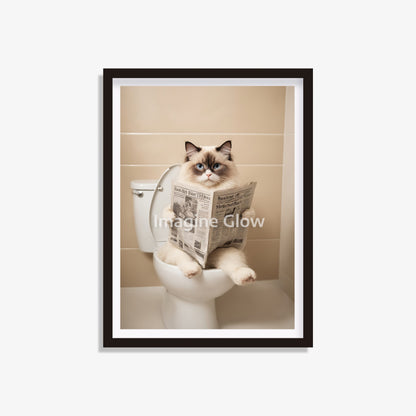 Ragdoll cat reading a newspaper on the toilet, funny bathroom wall art