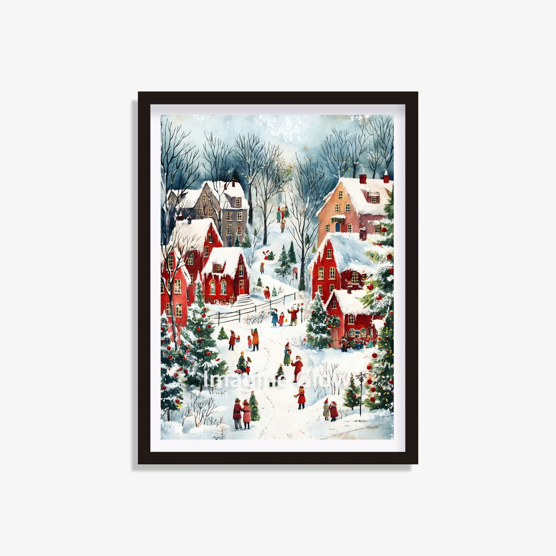 Printable Christmas village art with snow-covered houses and festive lights