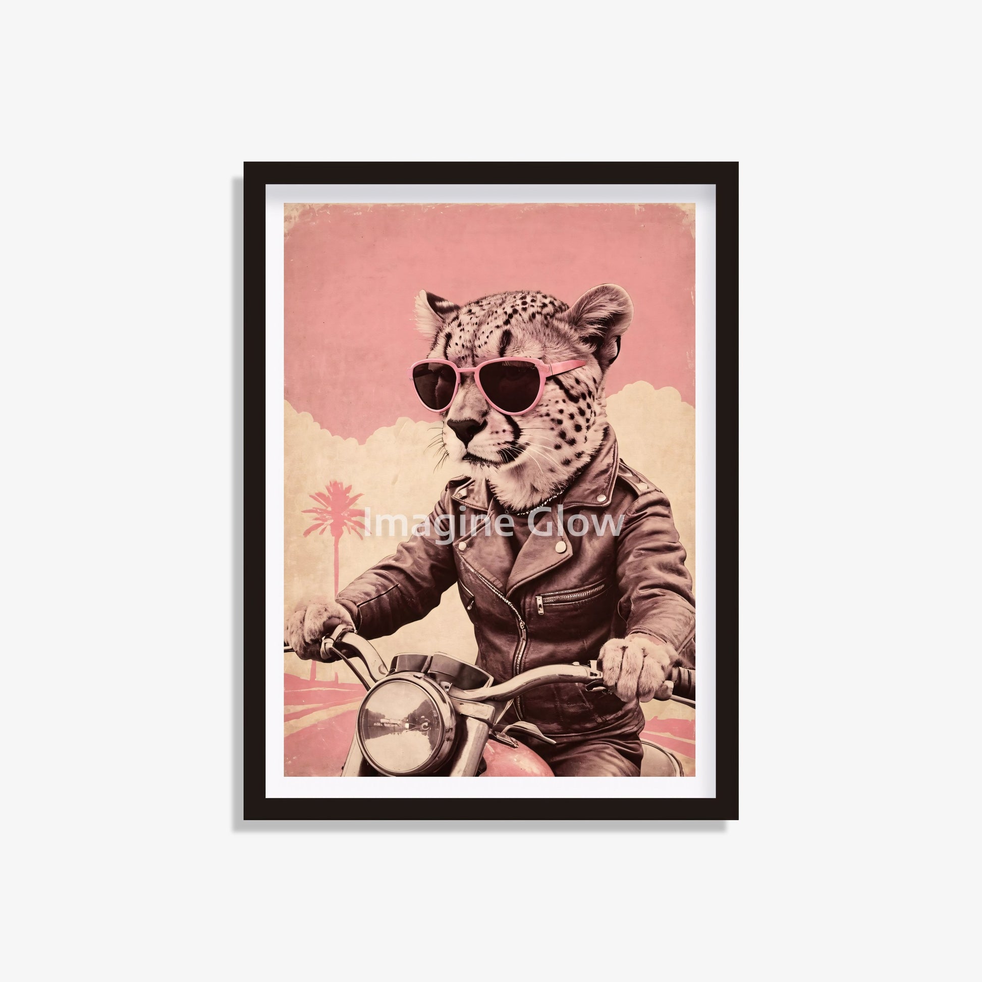 Retro-style poster of a cheetah riding a motorbike for printable wall art