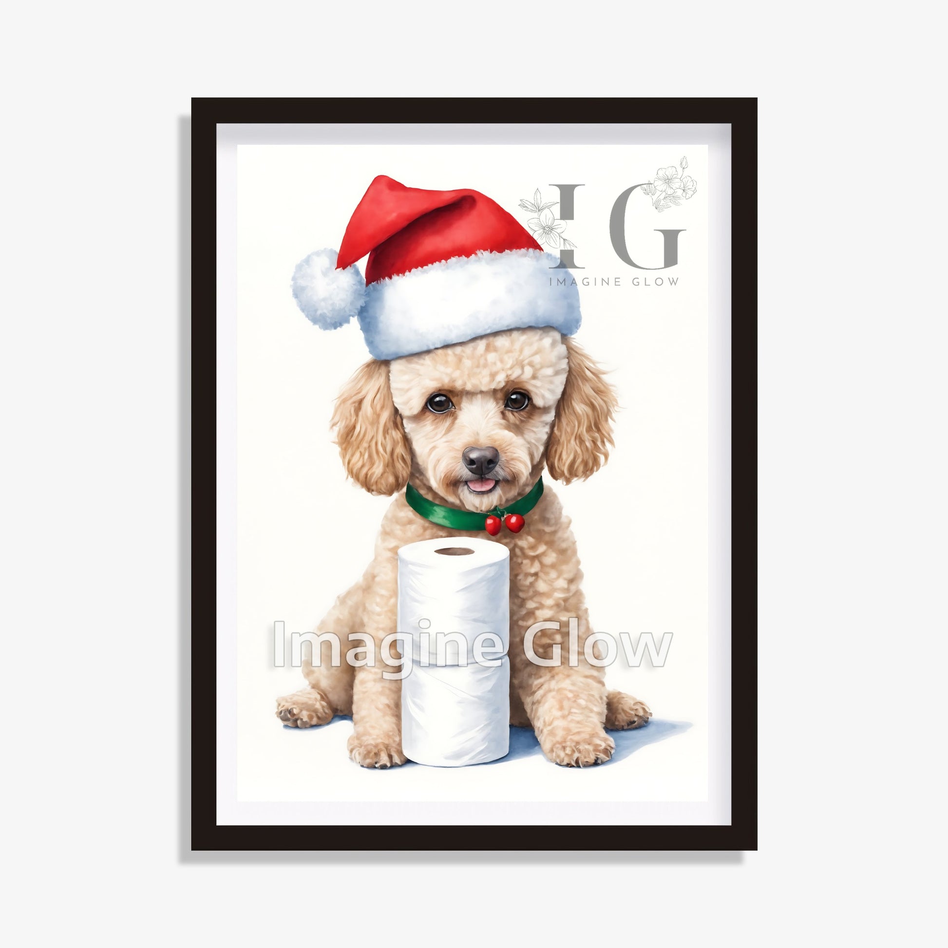 Poodle dog in toilet Christmas printable art for bathroom decor.