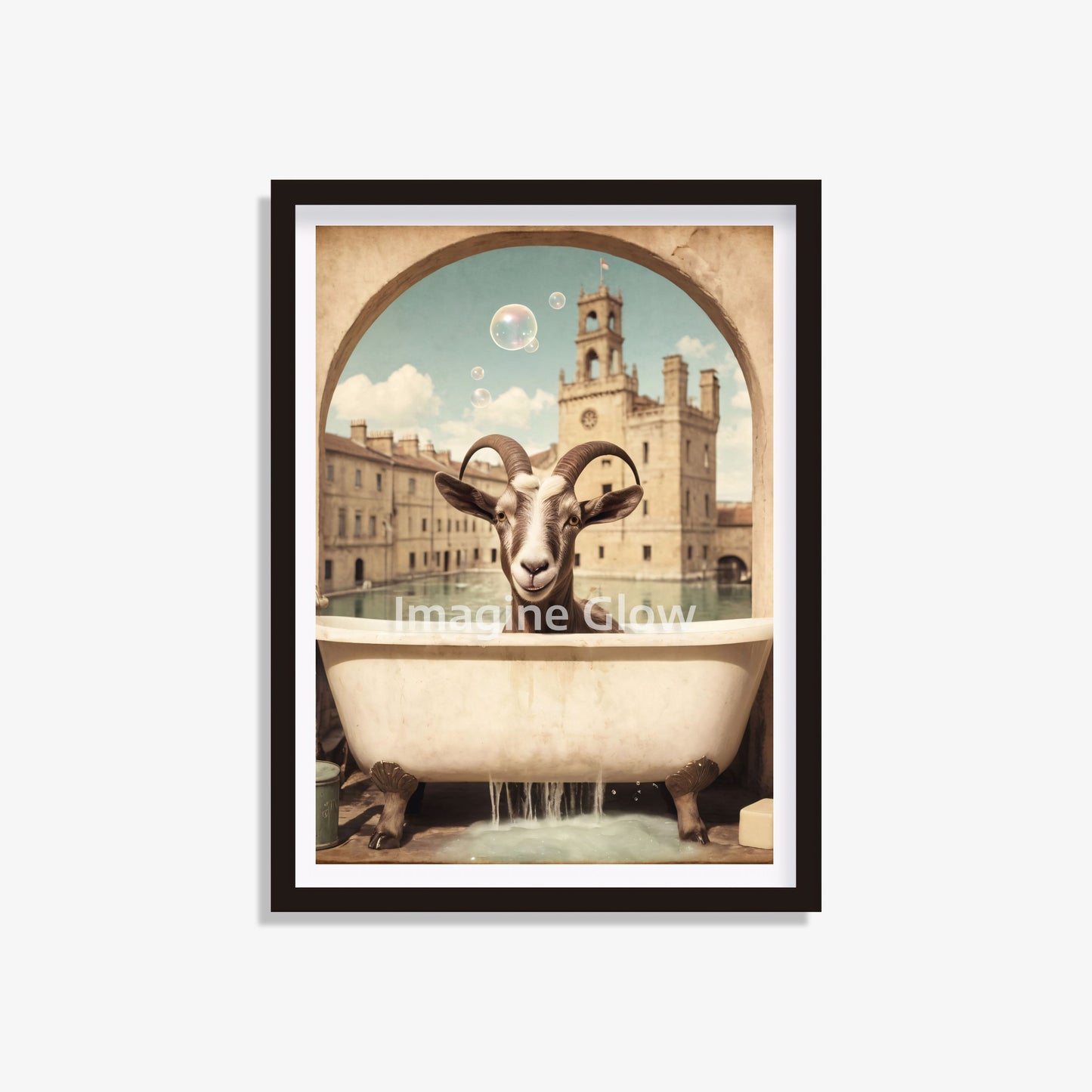 Goat in the bathtub printable featuring a humorous design