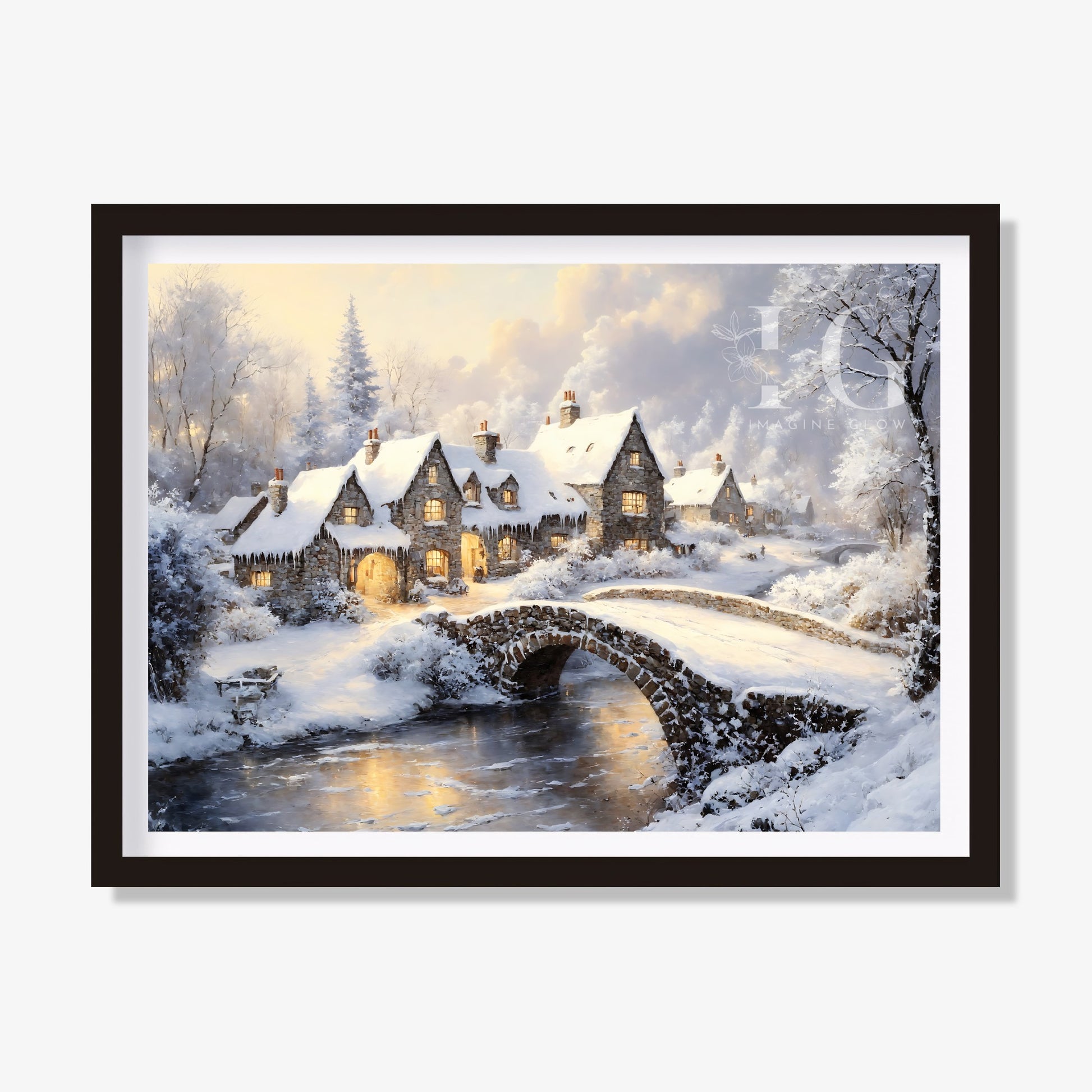 Snowy English village scene for cozy, festive holiday decoration