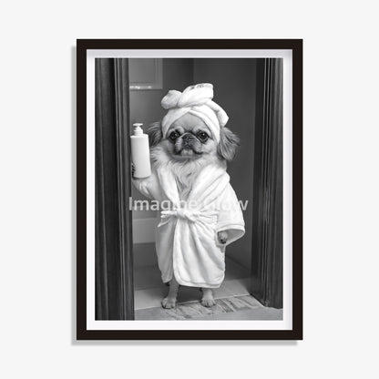 Pekingese dog in toilet black and white artwork.
Funny bathroom decor with Pekingese dog
