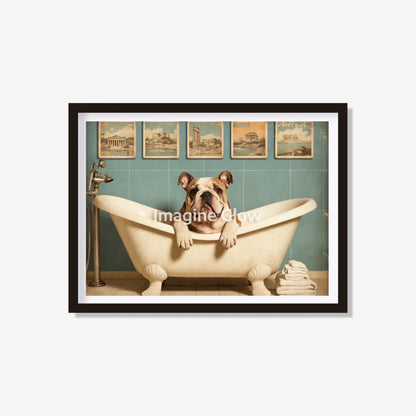 Printable Bulldog in bathtub wall decor for a funny bathroom touch.