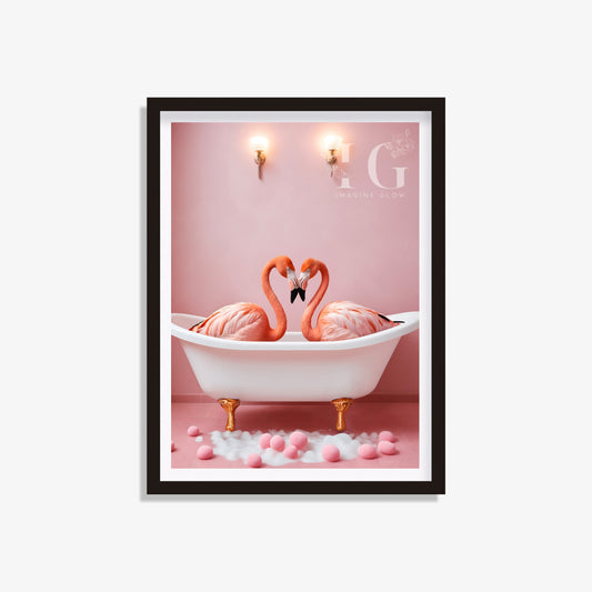 Playful flamingos in a bathtub printable for quirky bathroom decor