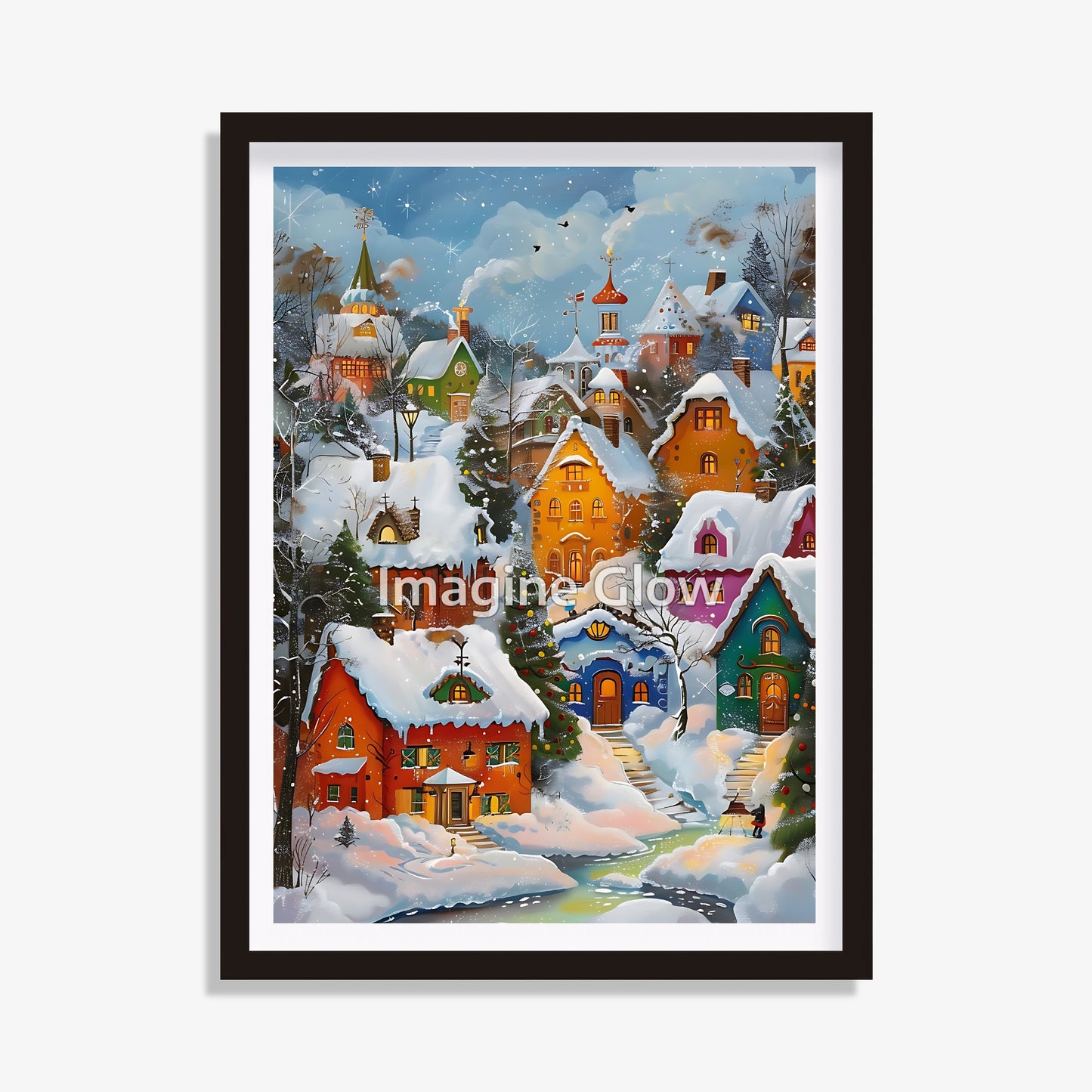 Colorful Christmas village art printable showcasing a winter scene