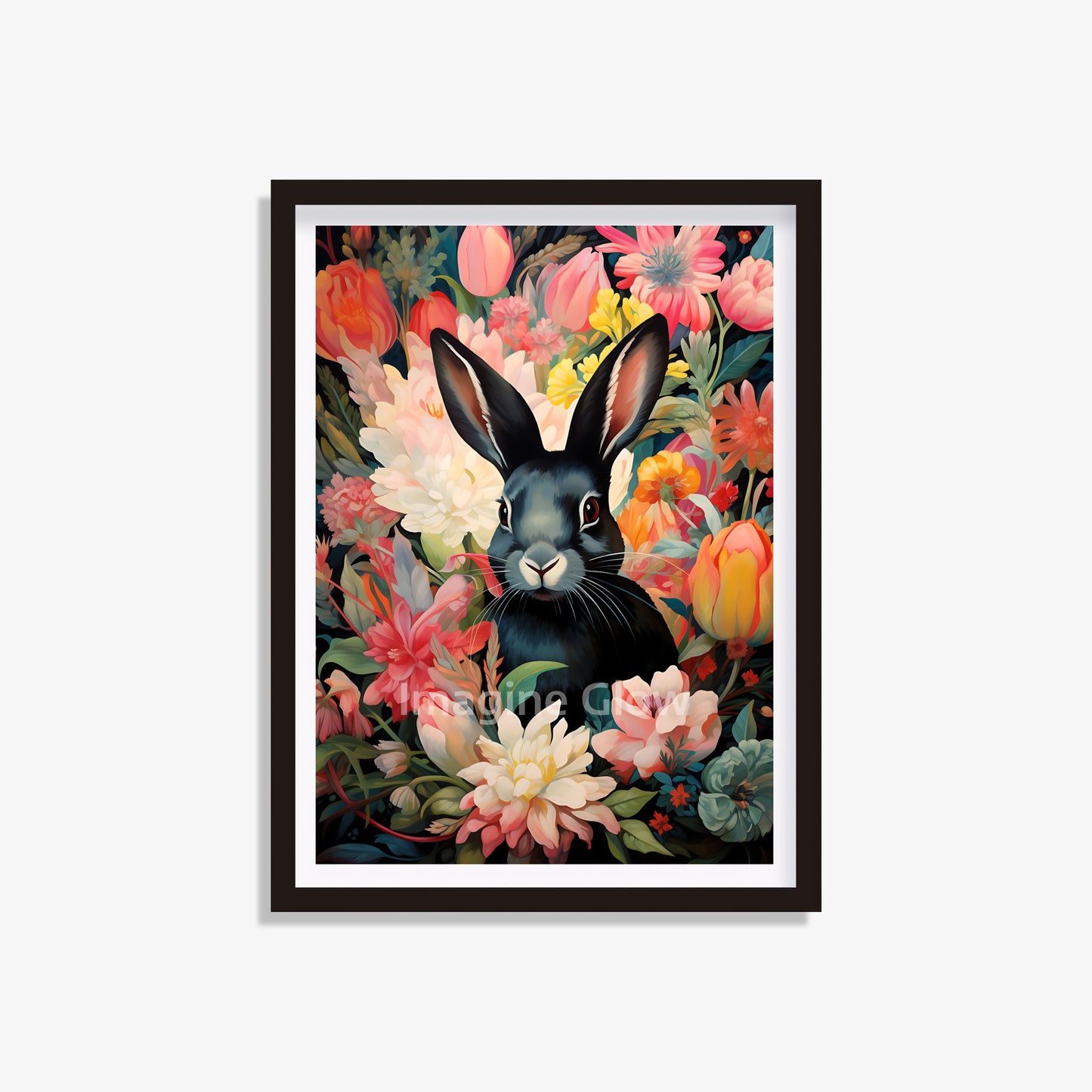 Printable Bunny floral art featuring a rabbit among flowers.