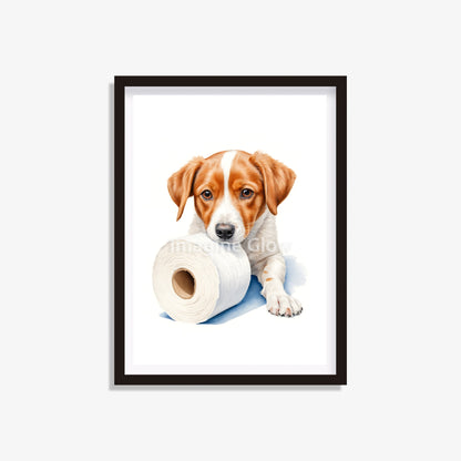 Printable funny bathroom wall decor featuring a Brittany dog in the toilet.