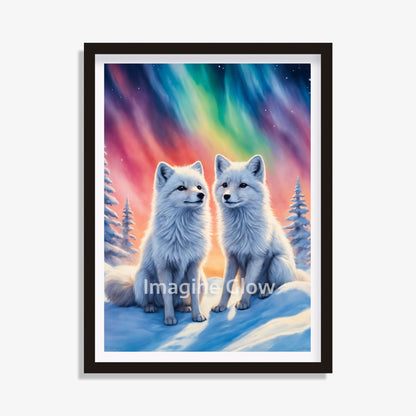 Arctic fox in a Northern Lights scene, printable animal wall art.