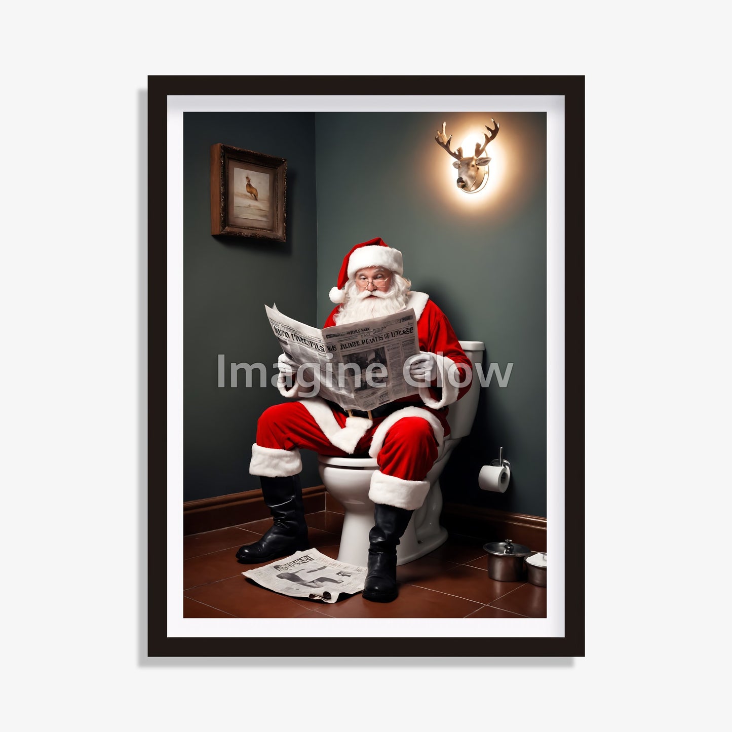 Playful holiday decor featuring Santa reading a newspaper, available as printable art.