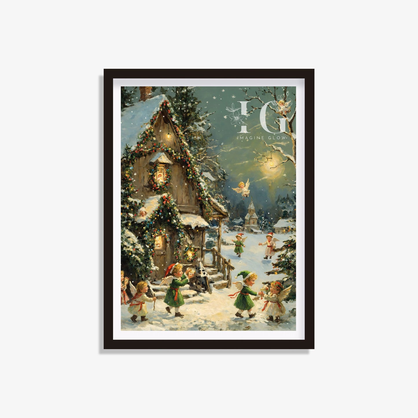 Charming print of Christmas elves and angels, perfect for whimsical holiday wall decor.