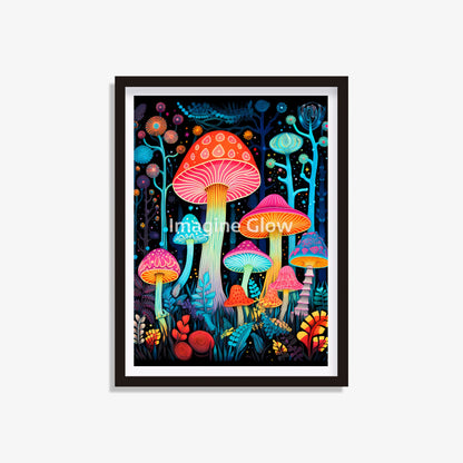 Enchanting forest illustration featuring colorful mushrooms