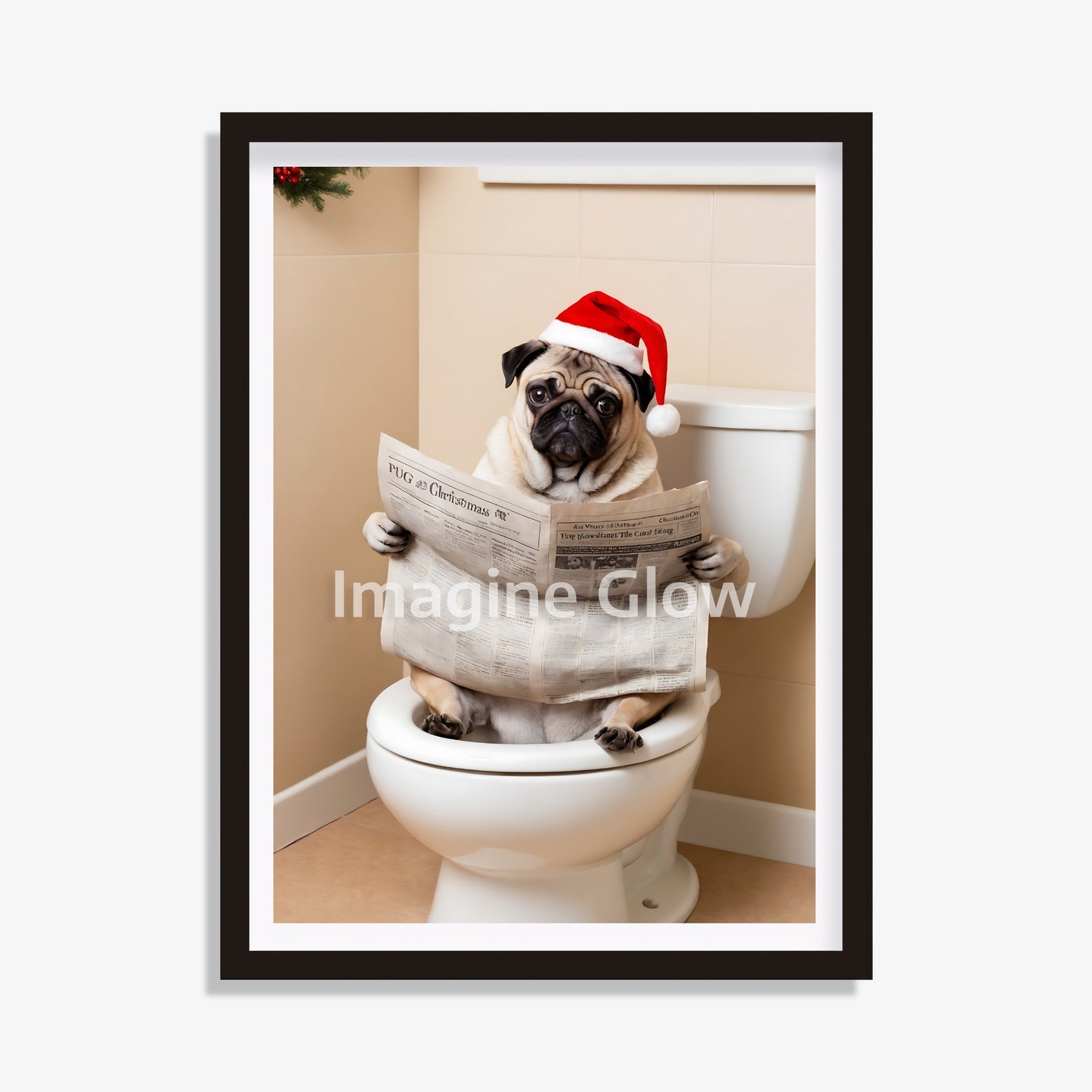 Pug dog in toilet Christmas printable wall art for bathroom decor.