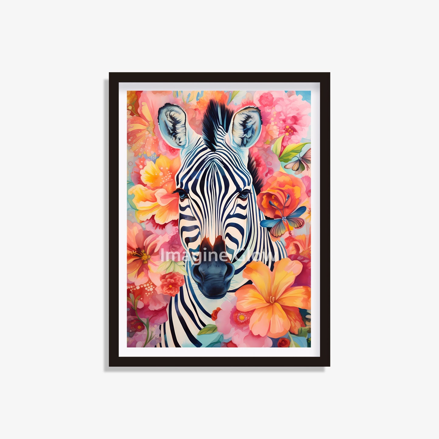 Zebra floral art print with colorful flower accents