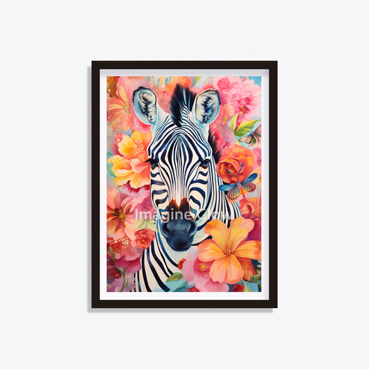 Zebra floral art print with colorful flower accents