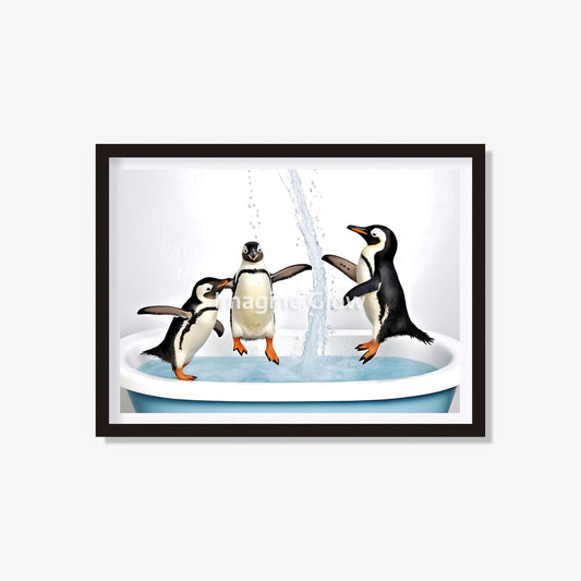 Penguins in the bathtub printable featuring a colorful and playful illustration