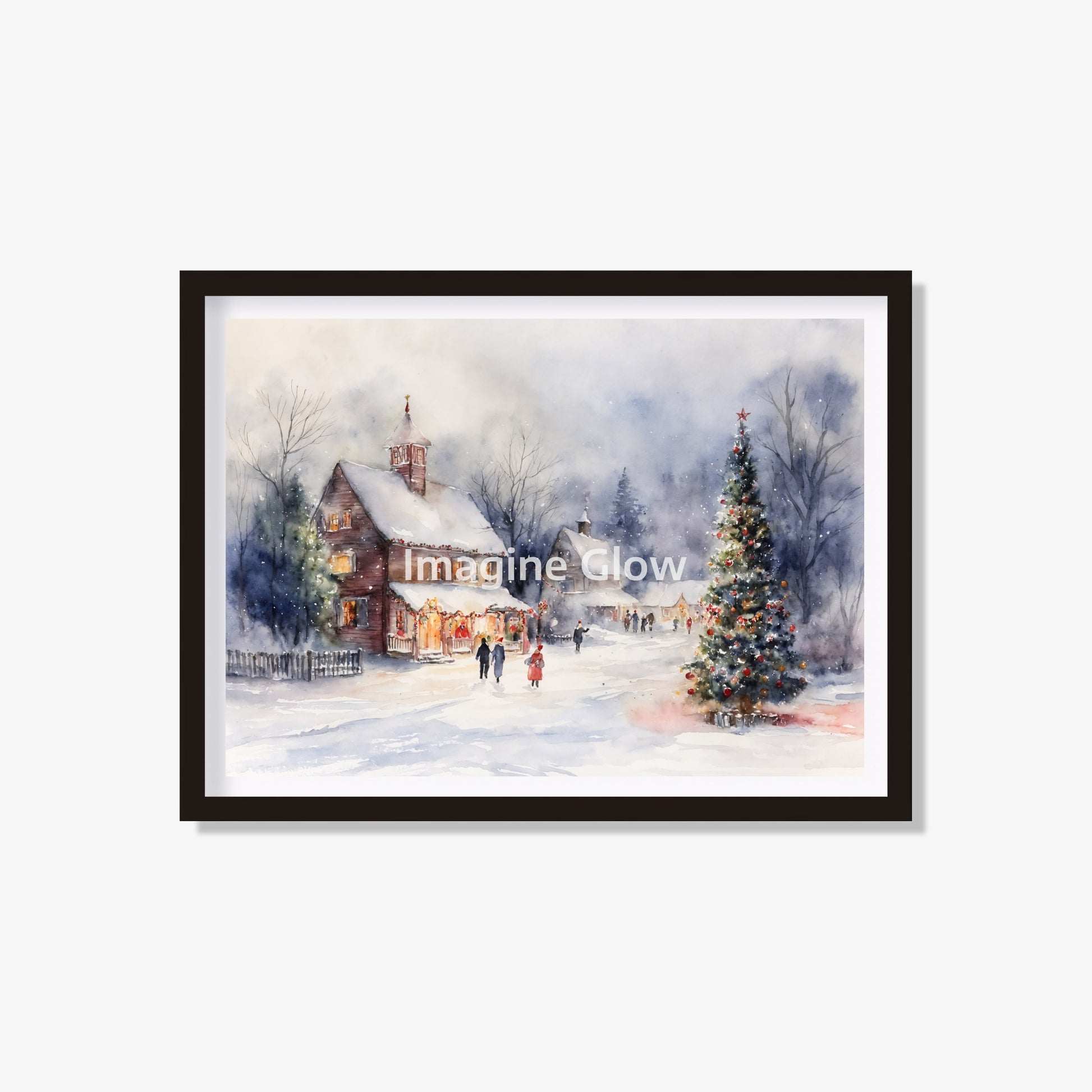 Festive printable art of a snow-covered Christmas village for holiday decor