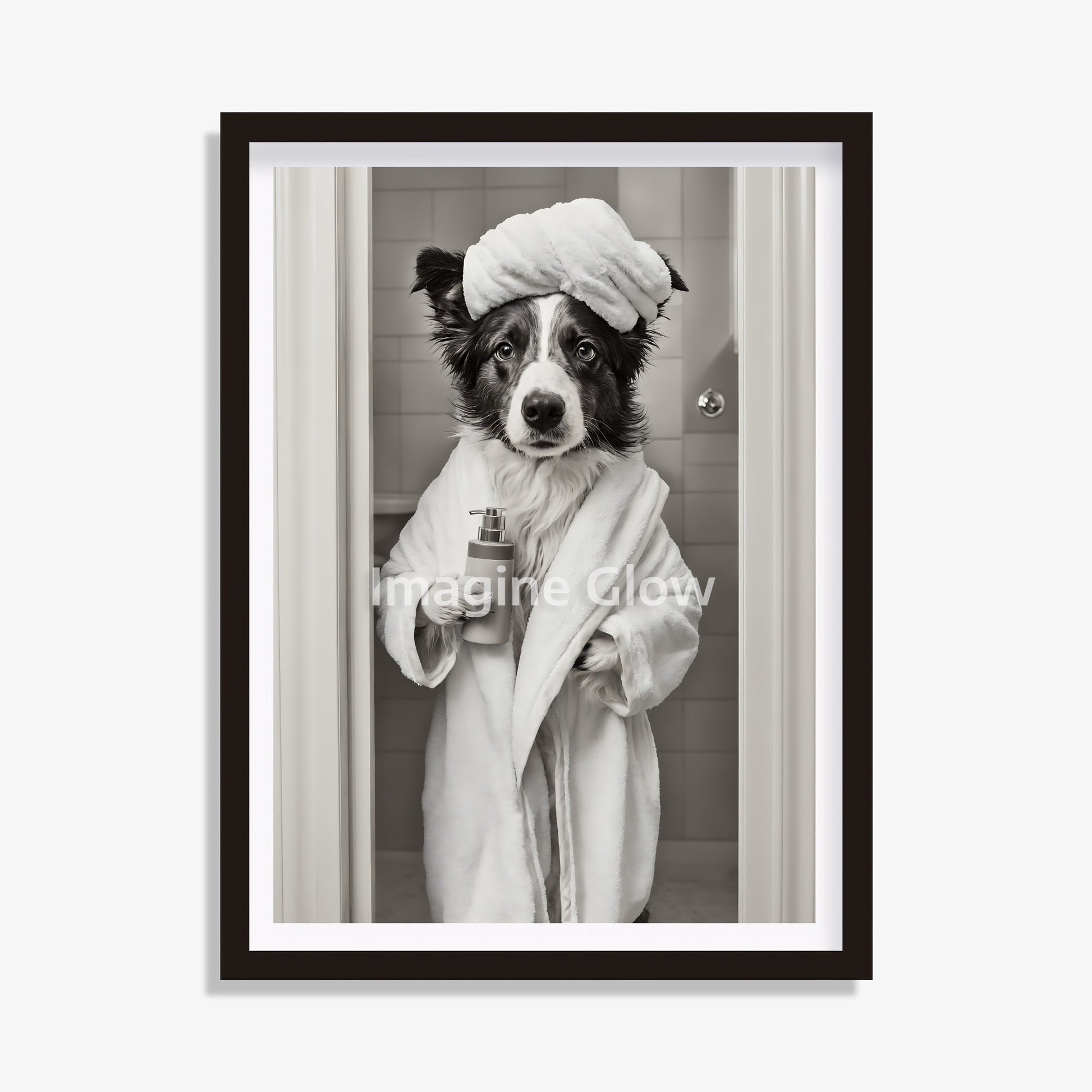 Printable restroom art featuring Collie dog humor.
Humorous black and white dog wall art for bathroom.