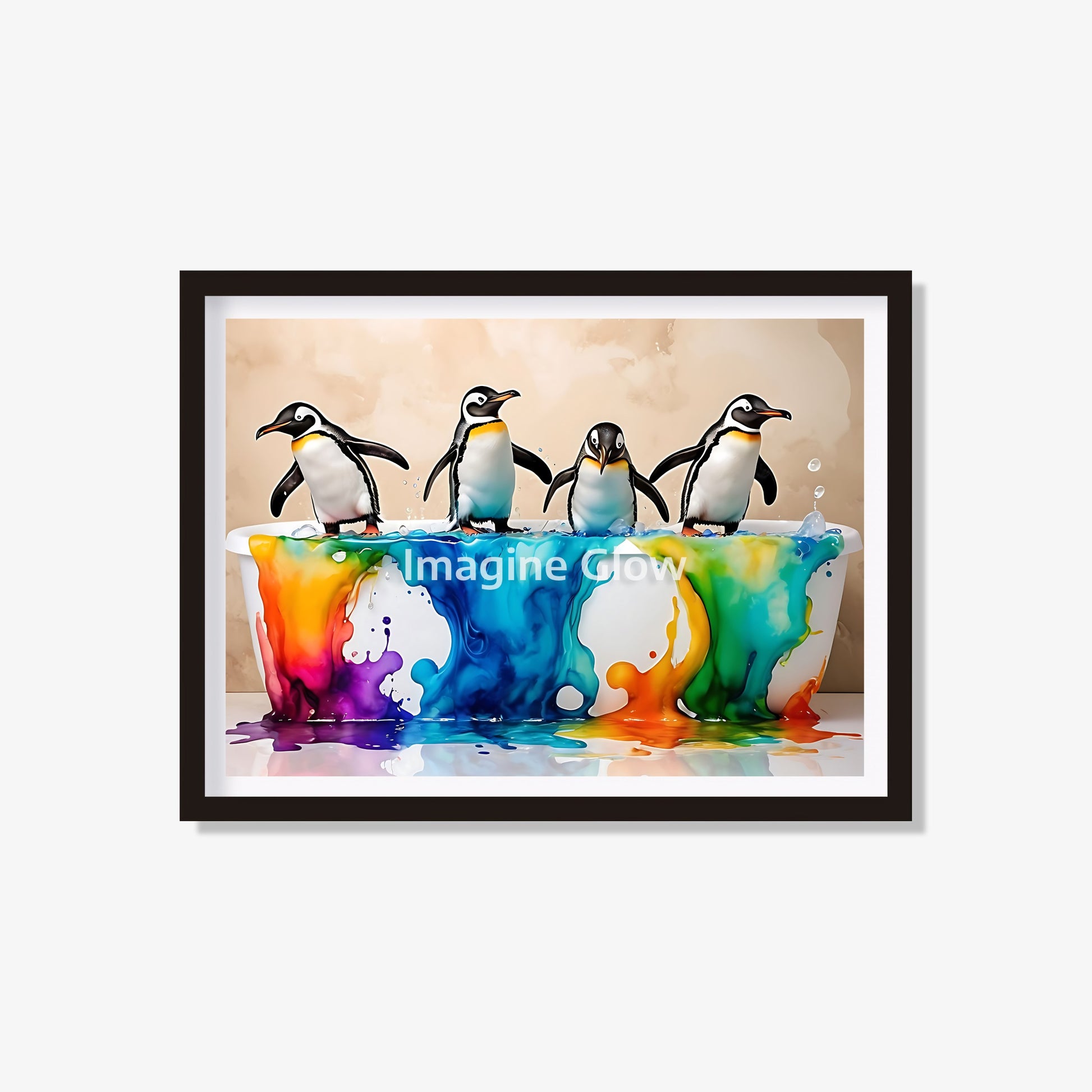 Penguins in the bathtub printable featuring a colorful and whimsical illustration