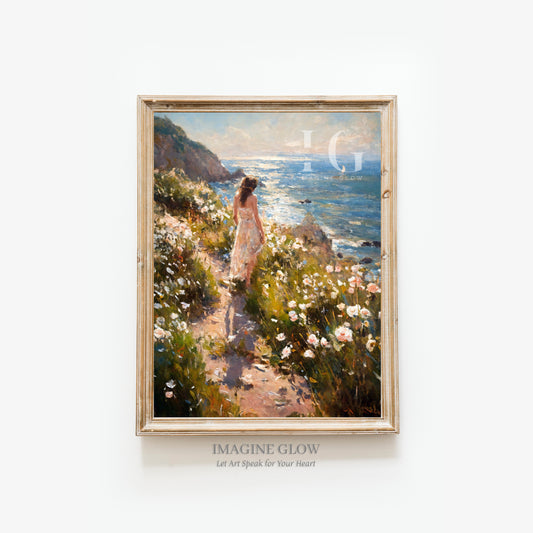 Serene scene of a woman on a wildflower path by the coast
