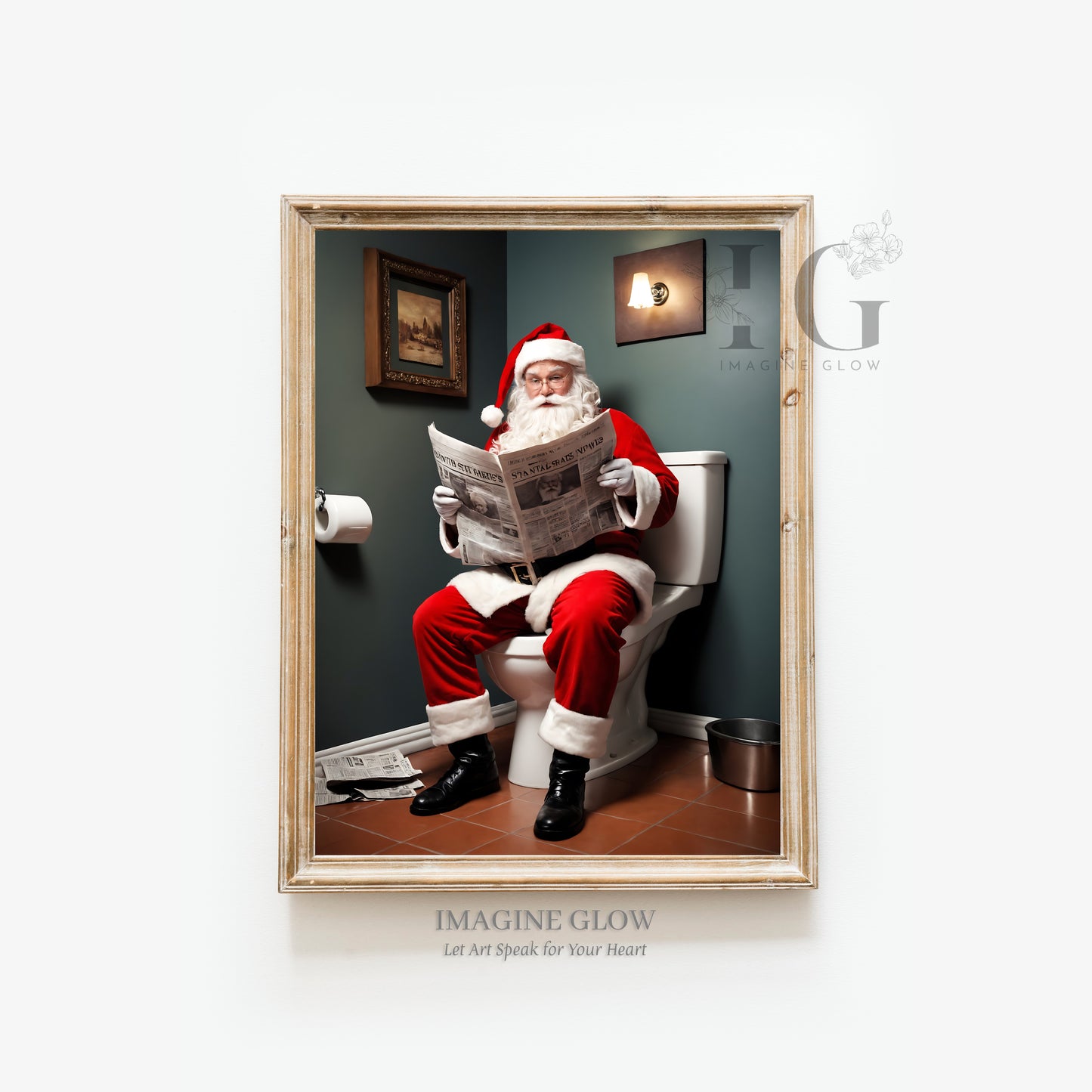 Festive Christmas bathroom art with Santa reading a newspaper.