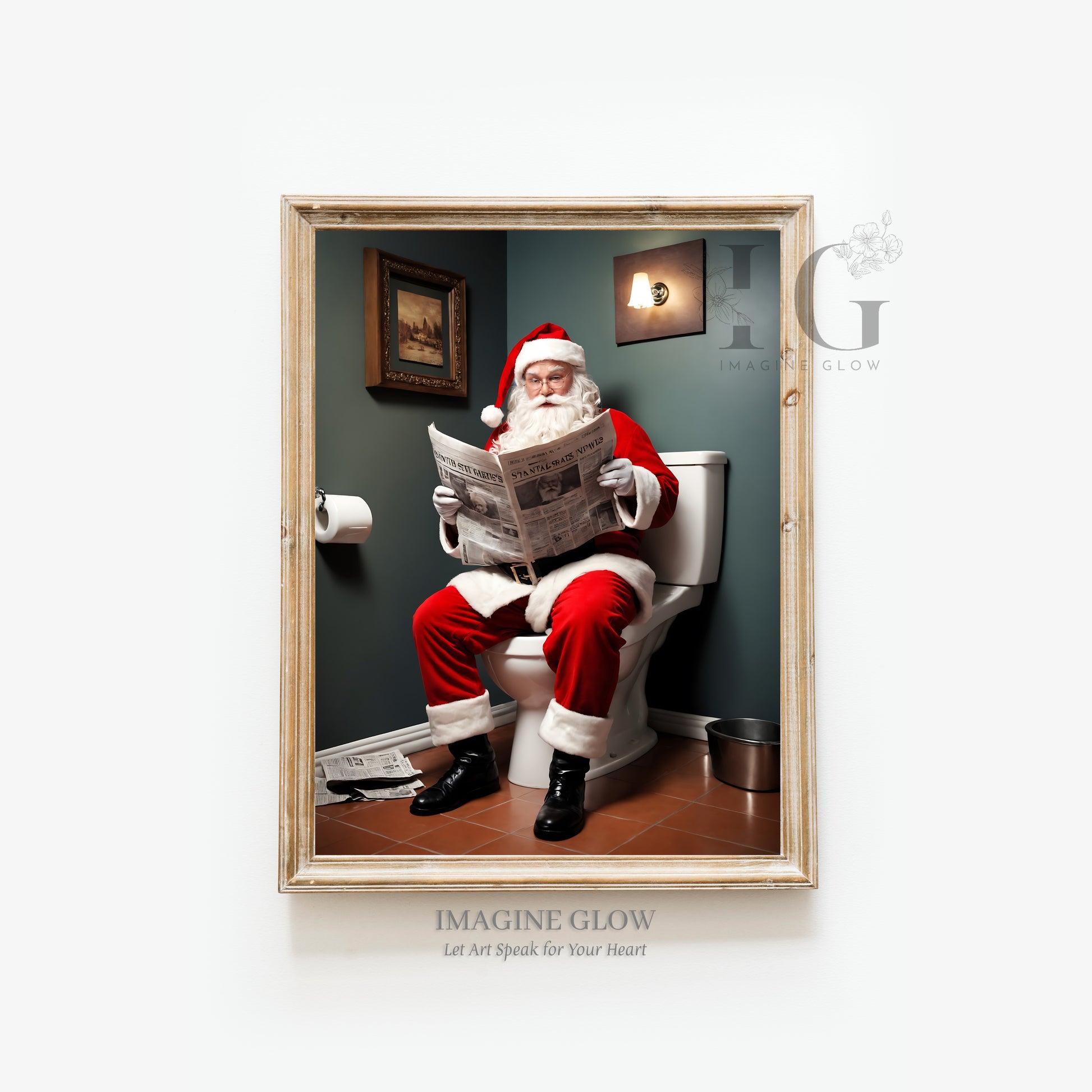 Festive Christmas bathroom art with Santa reading a newspaper.