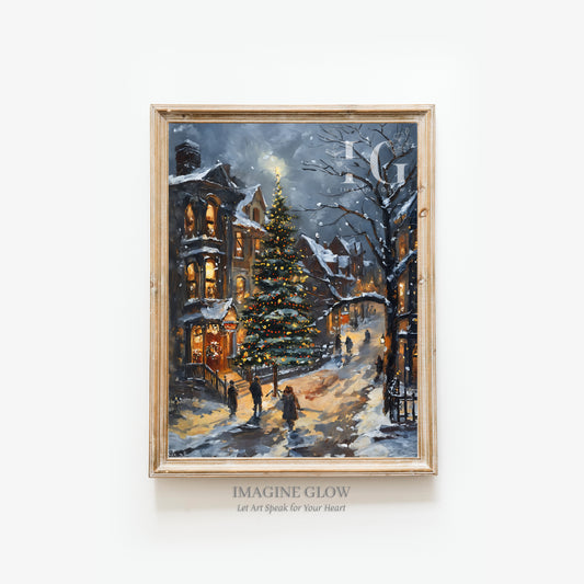 Snowy Old American Town Christmas print, ideal for vintage Dark Academia holiday decor.
