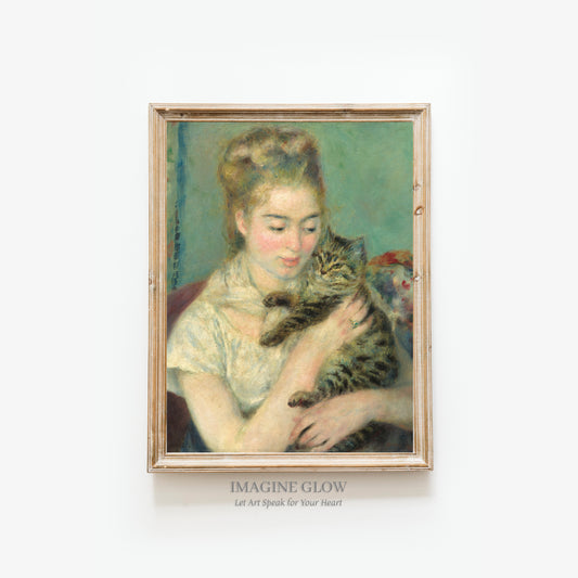 Classic portrait of a woman and her cat in vintage style for home decoration