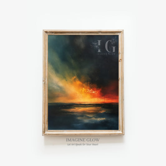 Ocean sunset print in moody tones, ideal for Dark Academia aesthetic rooms.