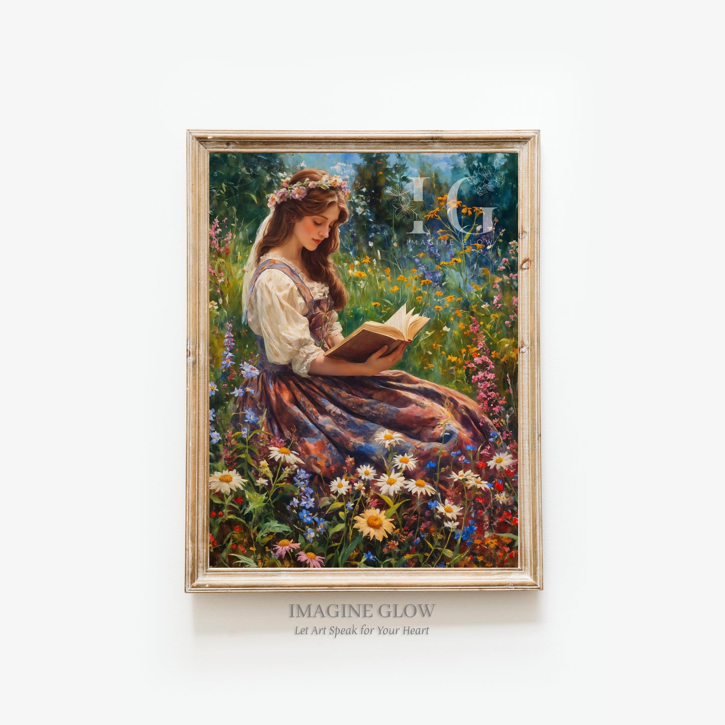 Elegant vintage art of a woman reading amidst a vibrant flower field