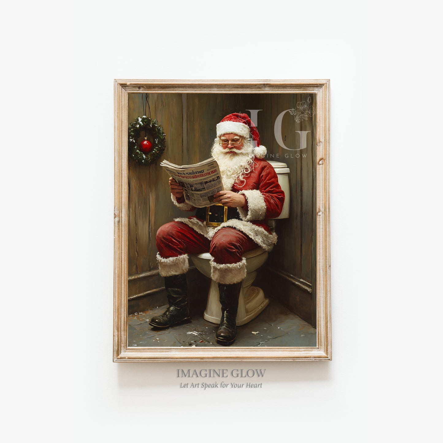 Vintage Santa Claus reading newspaper in toilet artwork.
Funny Christmas wall decor for bathroom.
