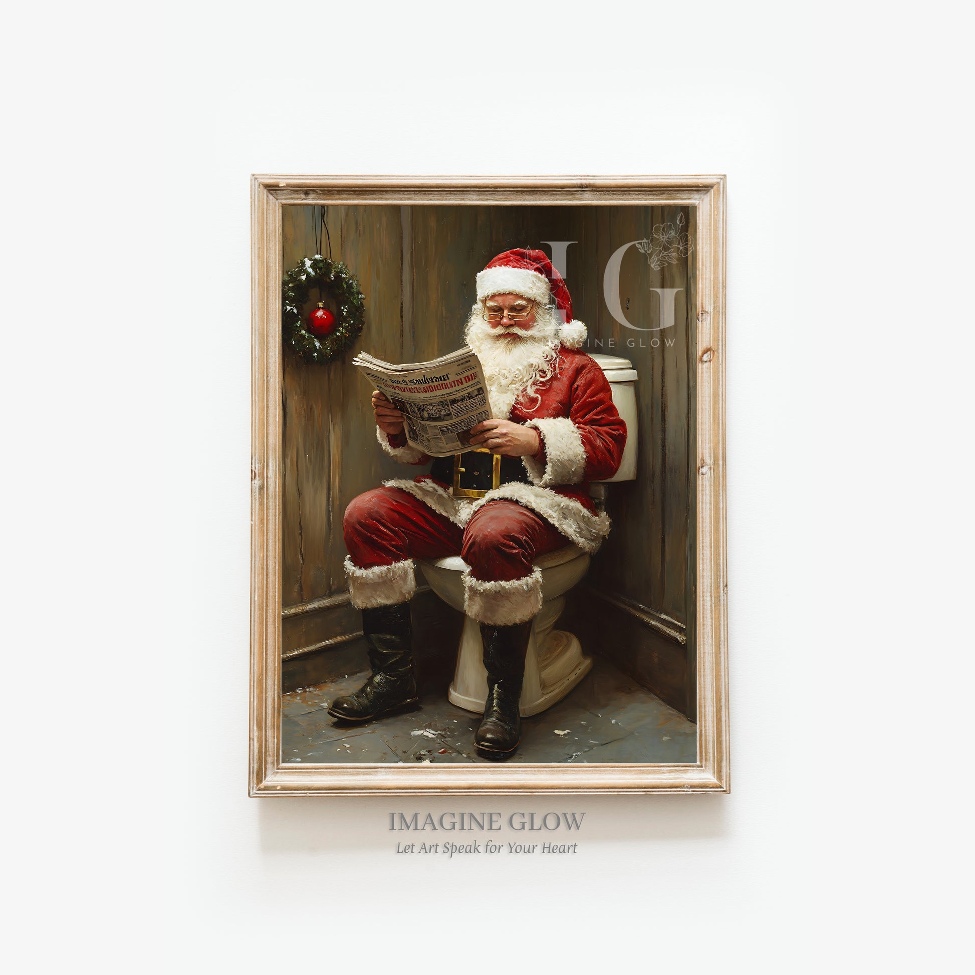 Vintage Santa Claus reading newspaper in toilet artwork.
Funny Christmas wall decor for bathroom.
