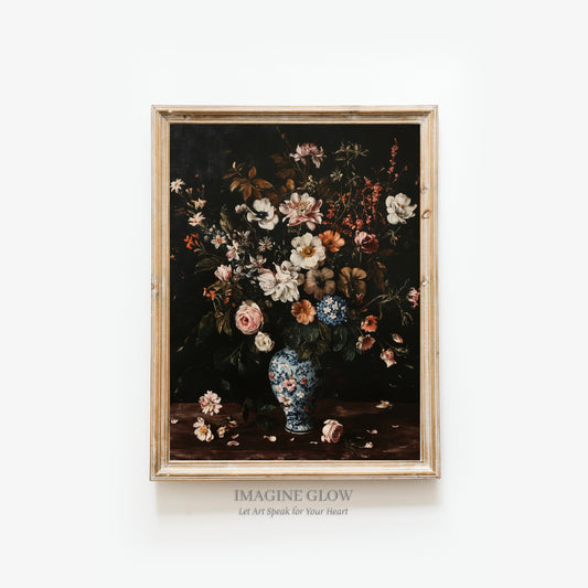 Printable moody dark flowers in vase print for vintage wall decor
