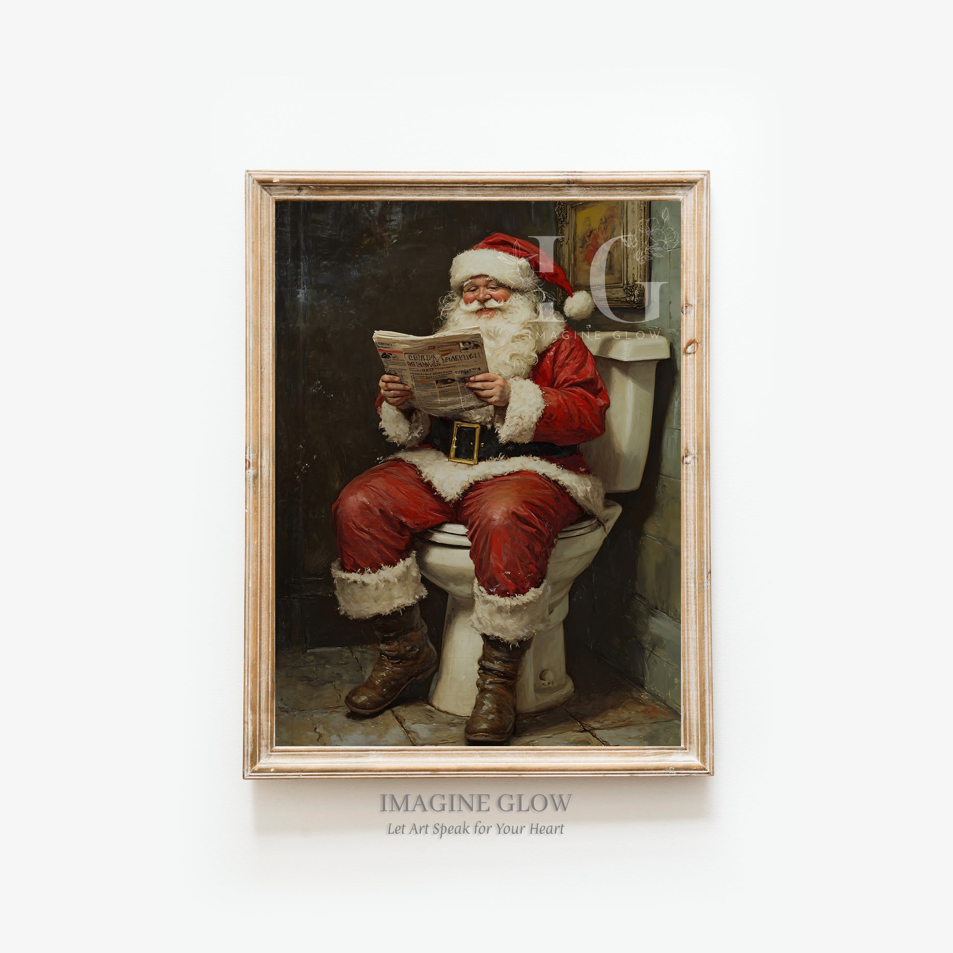 Vintage Santa Claus reading newspaper in toilet artwork
