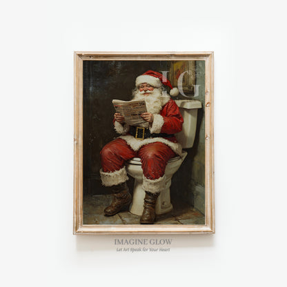 Vintage Santa Claus reading newspaper in toilet artwork