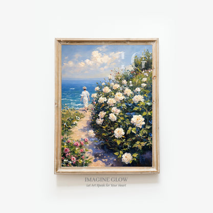 Printable vintage art of a woman walking in a rose path