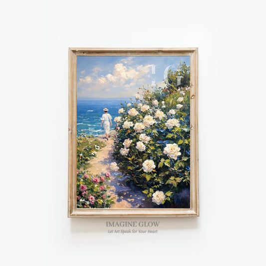 Printable vintage art of a woman walking in a rose path