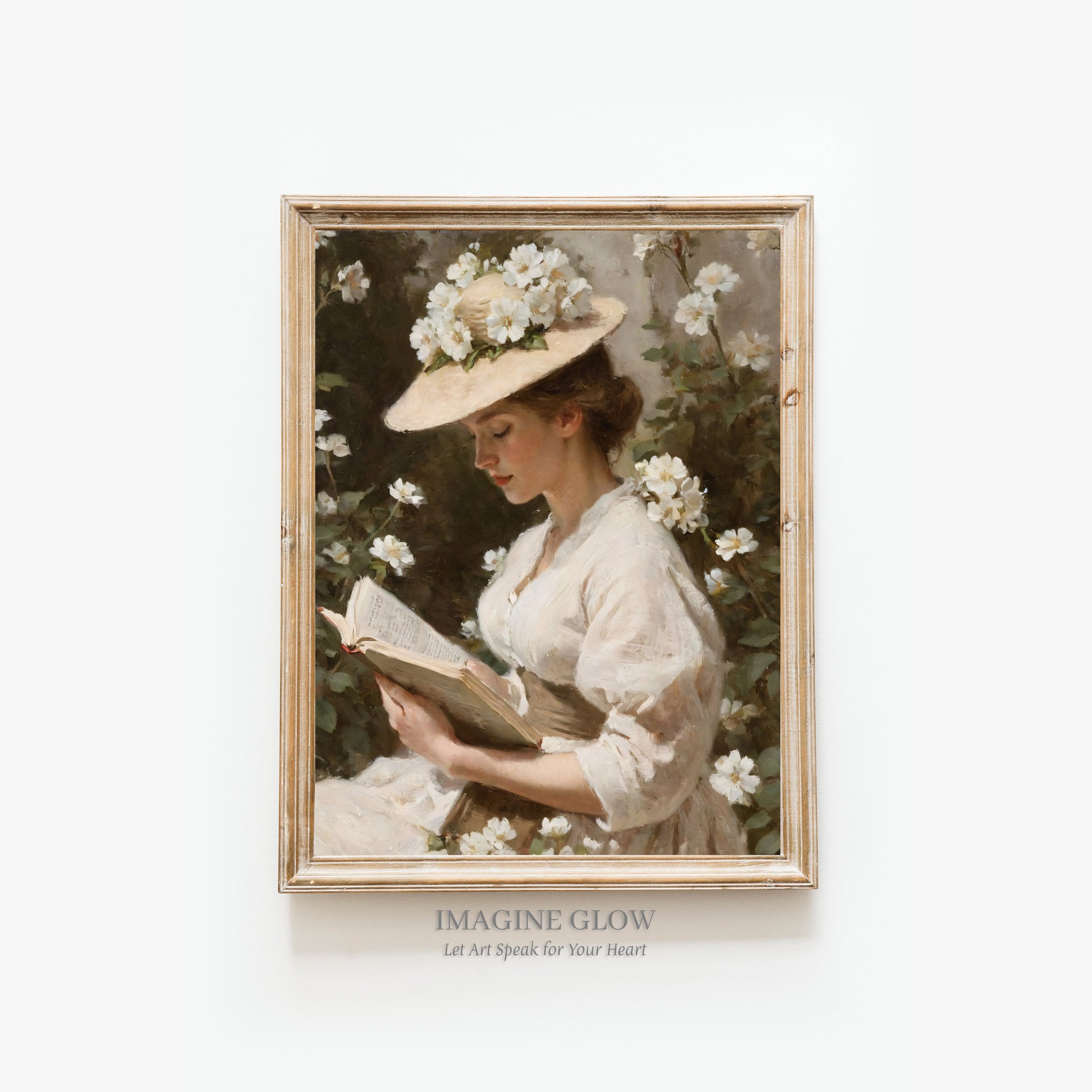 Timeless vintage artwork of a woman enjoying a book in a flower field