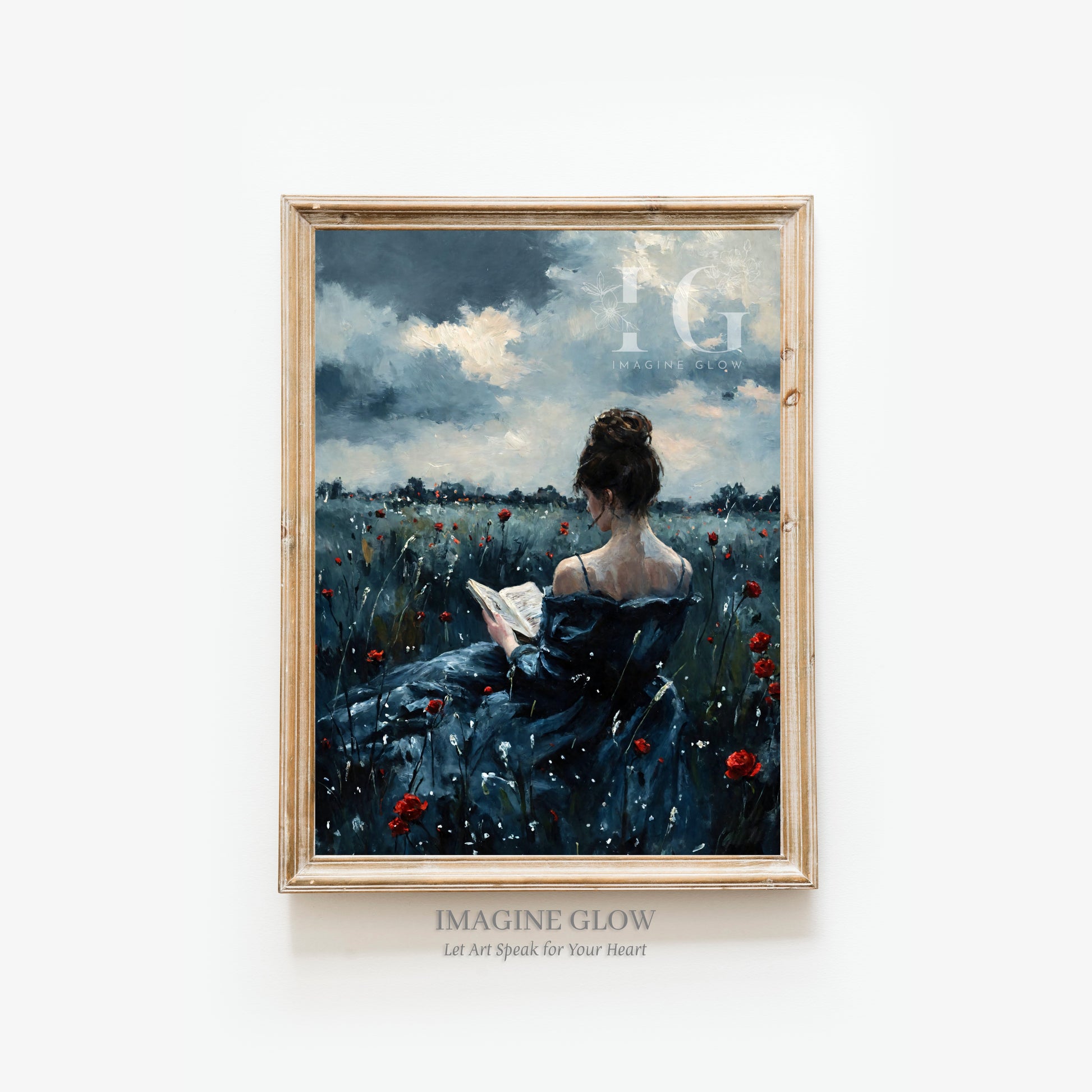 Atmospheric vintage wall art of a girl in a flower field for tranquil interiors