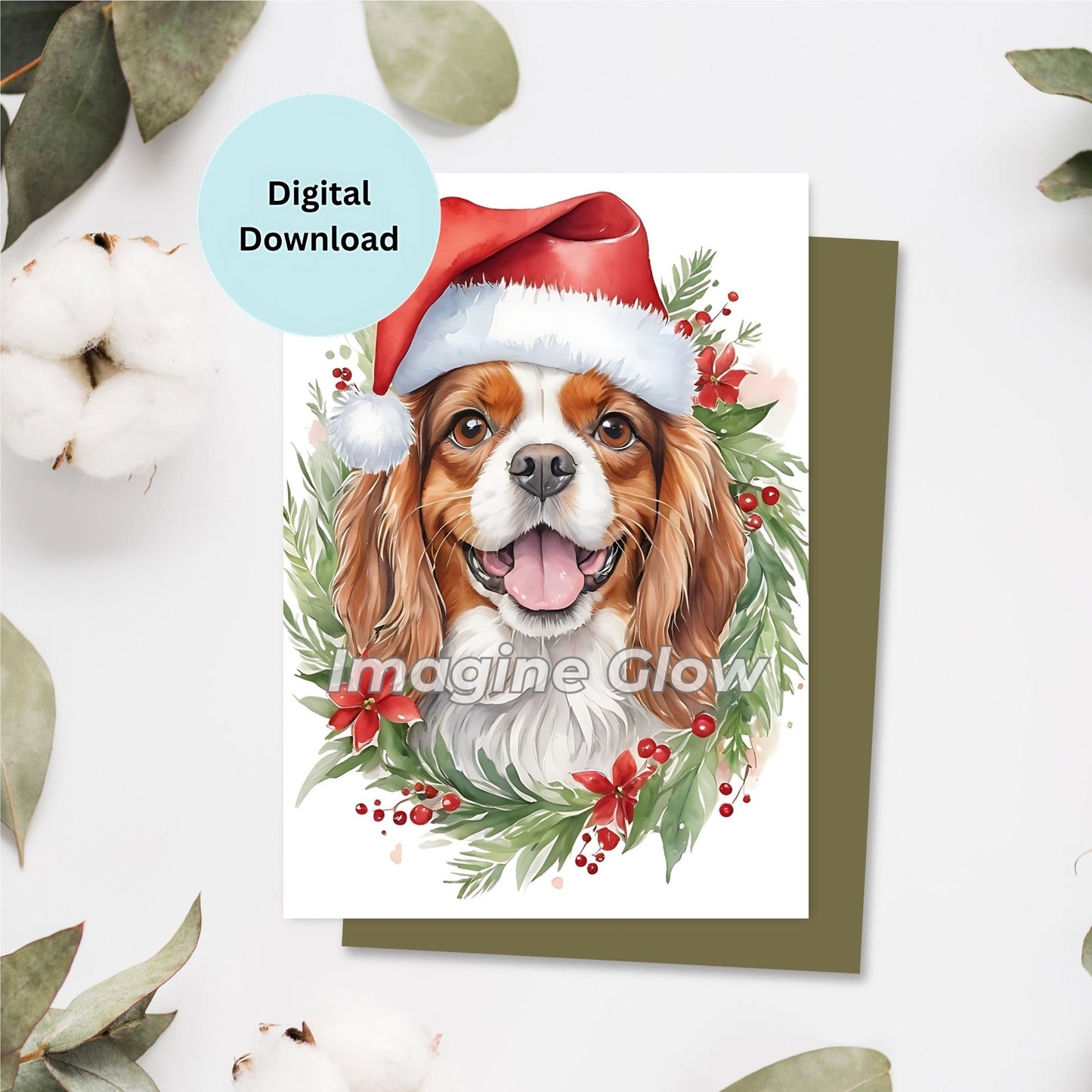 Printable Cavalier King Charles Spaniel Christmas Card with festive design.