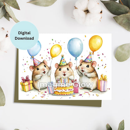 Hamsters birthday card design featuring playful hamsters for celebrations.