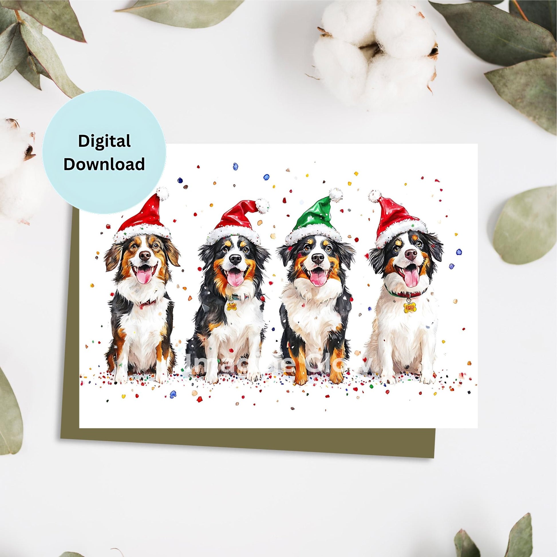 Festive Australian Shepherd Dogs Christmas card with holiday decorations