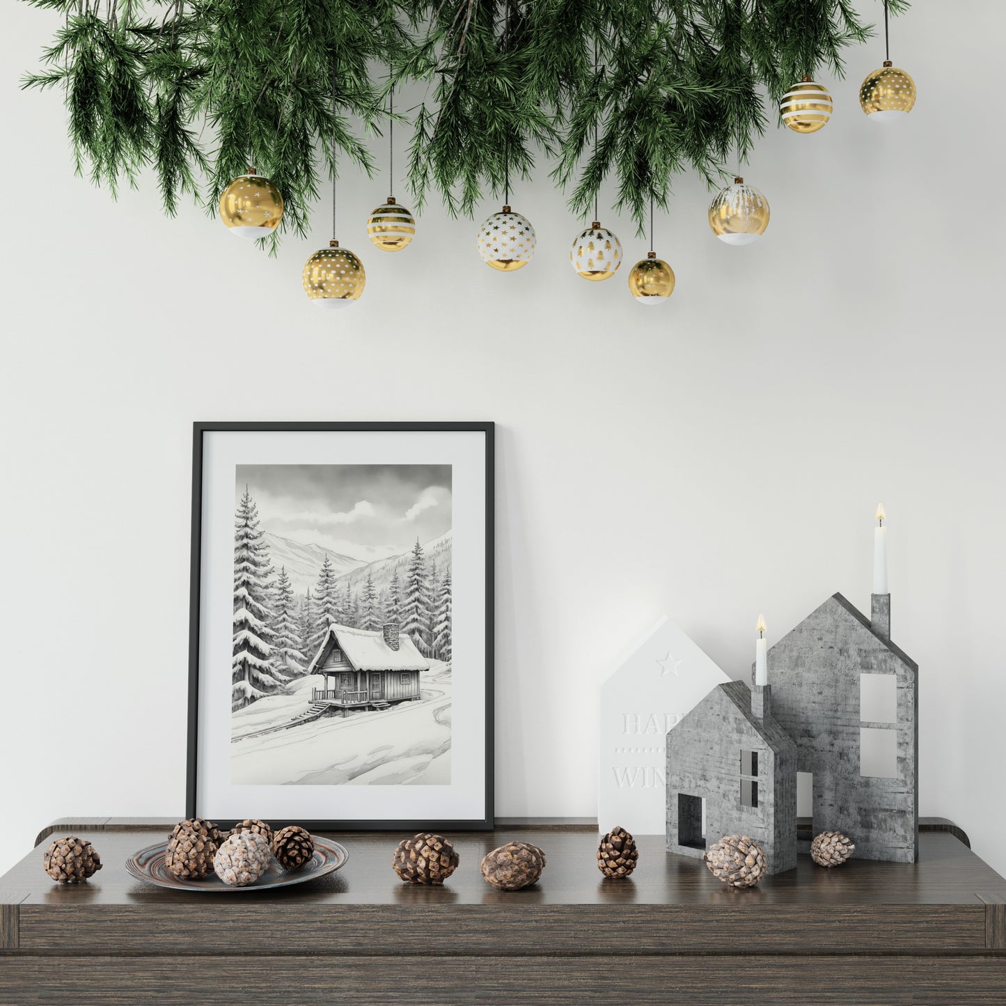 Charming wall art of a snow-covered cottage in winter