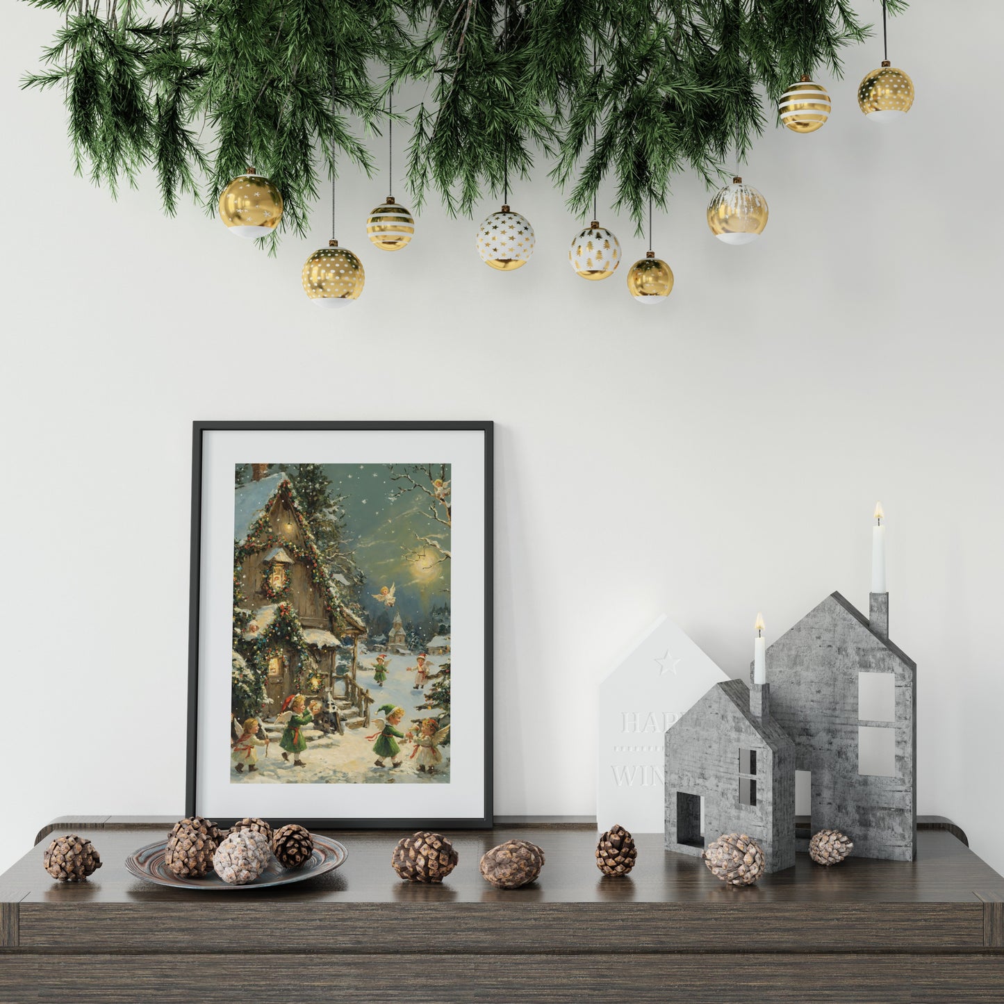 Colorful artwork featuring playful elves and angels celebrating the holiday season.